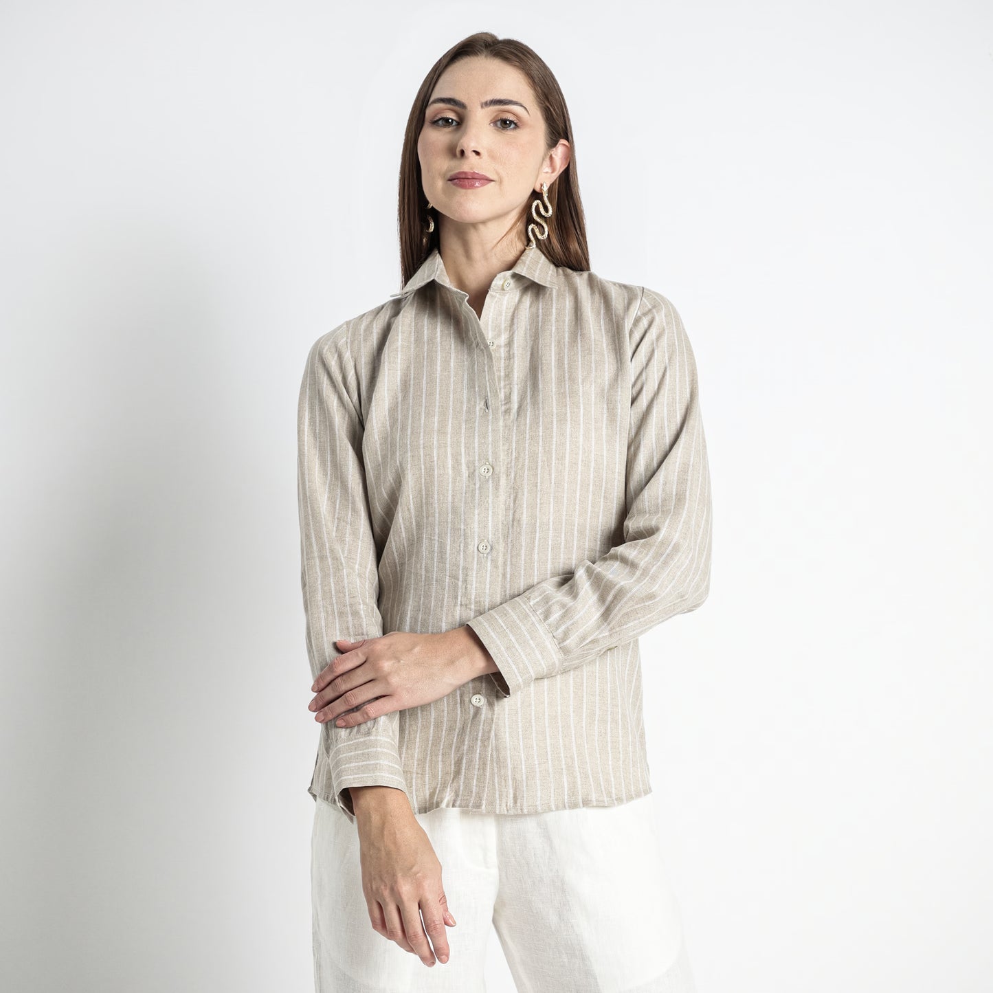 Ais – French Double Cuff Linen Shirt – Blanc Sand Stripes
