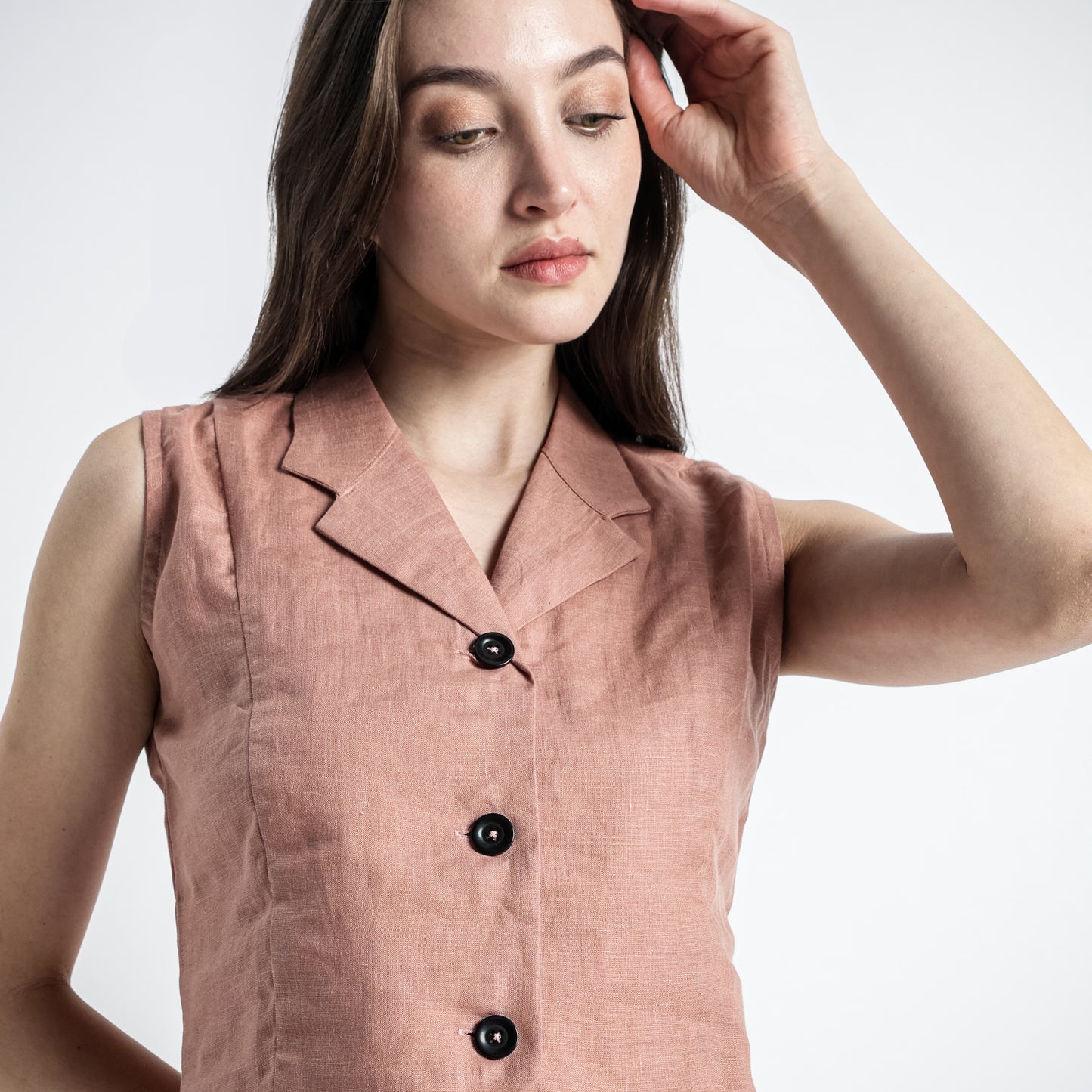 Laura – Tailored Notch Lapel Linen Vest Top – Clay
