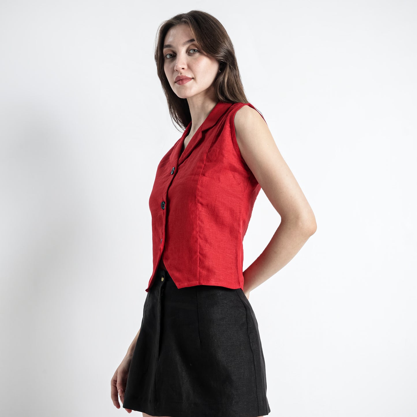 Laura – Tailored Notch Lapel Linen Vest Top – Crimson