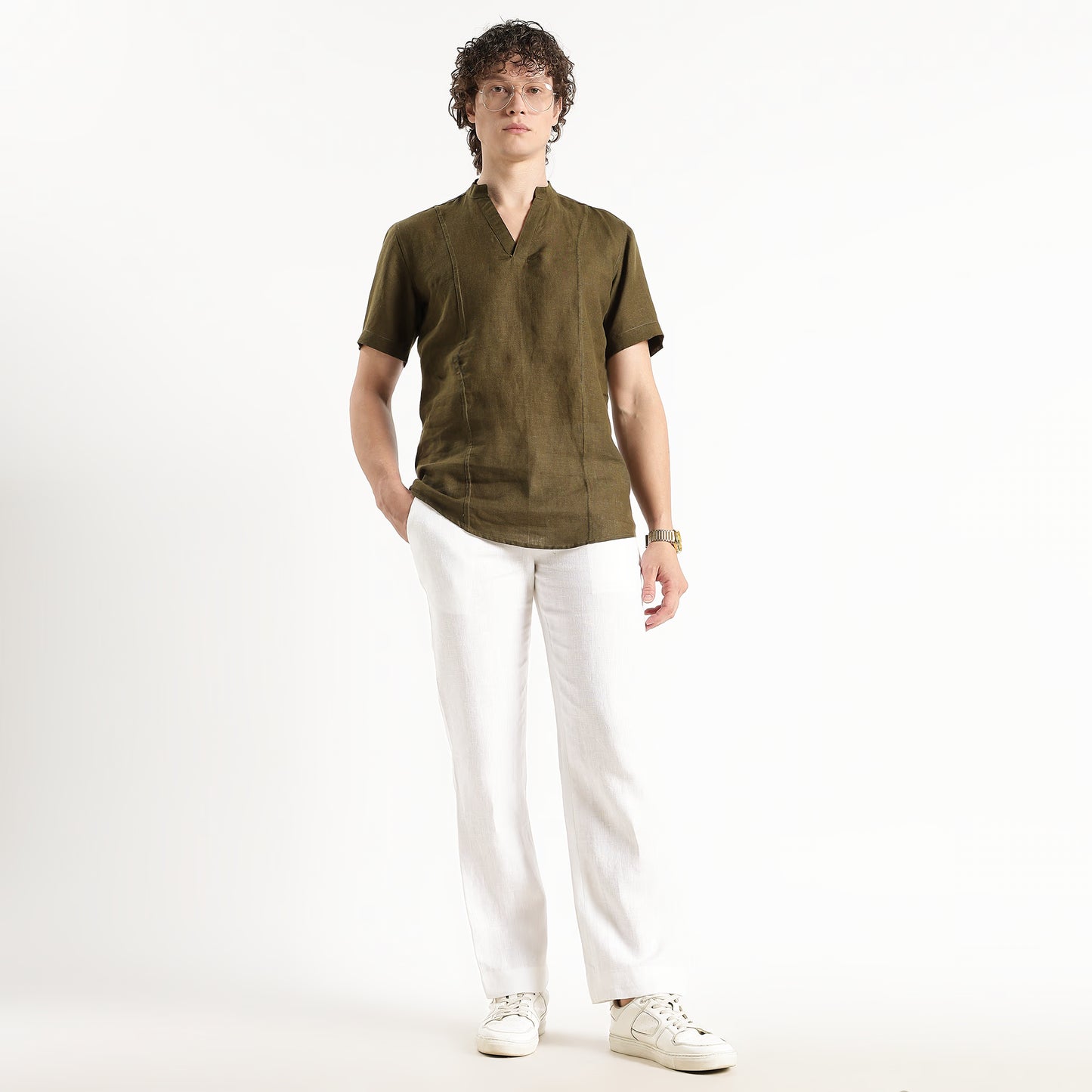 Tovi – Premium Linen V-Neck T-Shirt – Dark Olive
