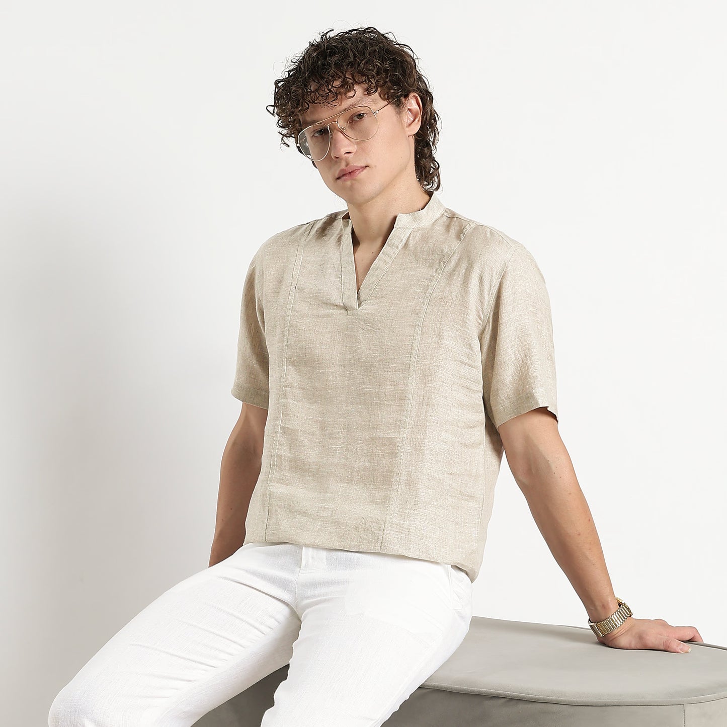 Tovi – Premium Linen V-Neck T-Shirt – Sand