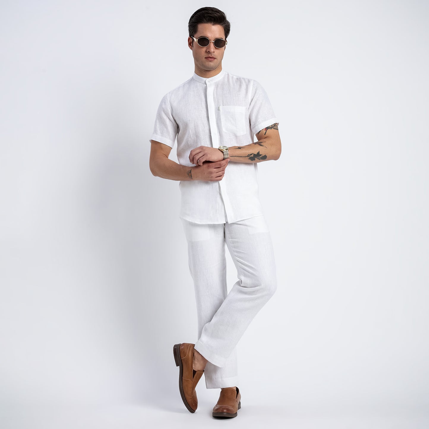 Linho – Luxury Band Collar Concealed Placket 100% Pure Linen Shirt – Blanc