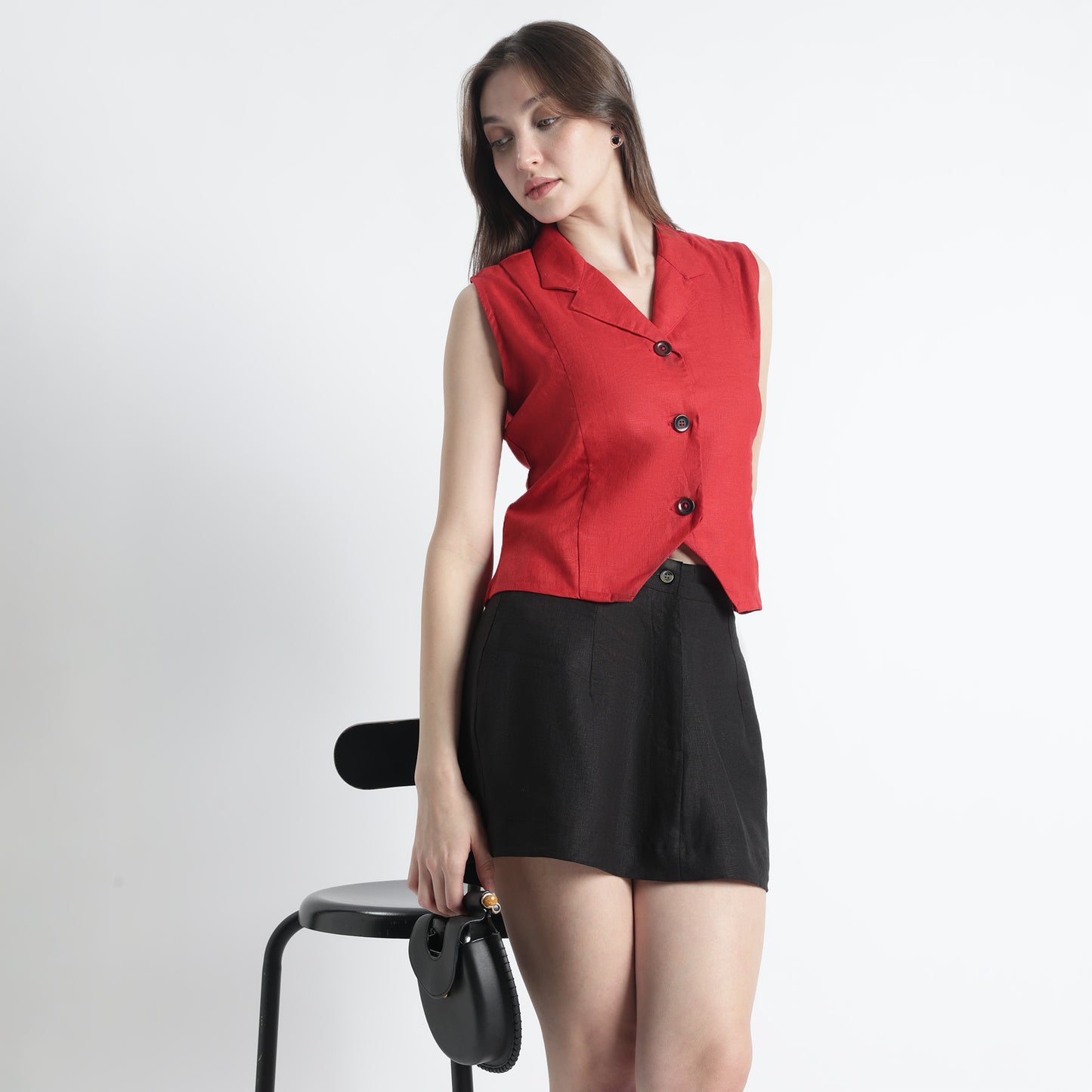 Laura – Tailored Notch Lapel Linen Vest Top – Crimson
