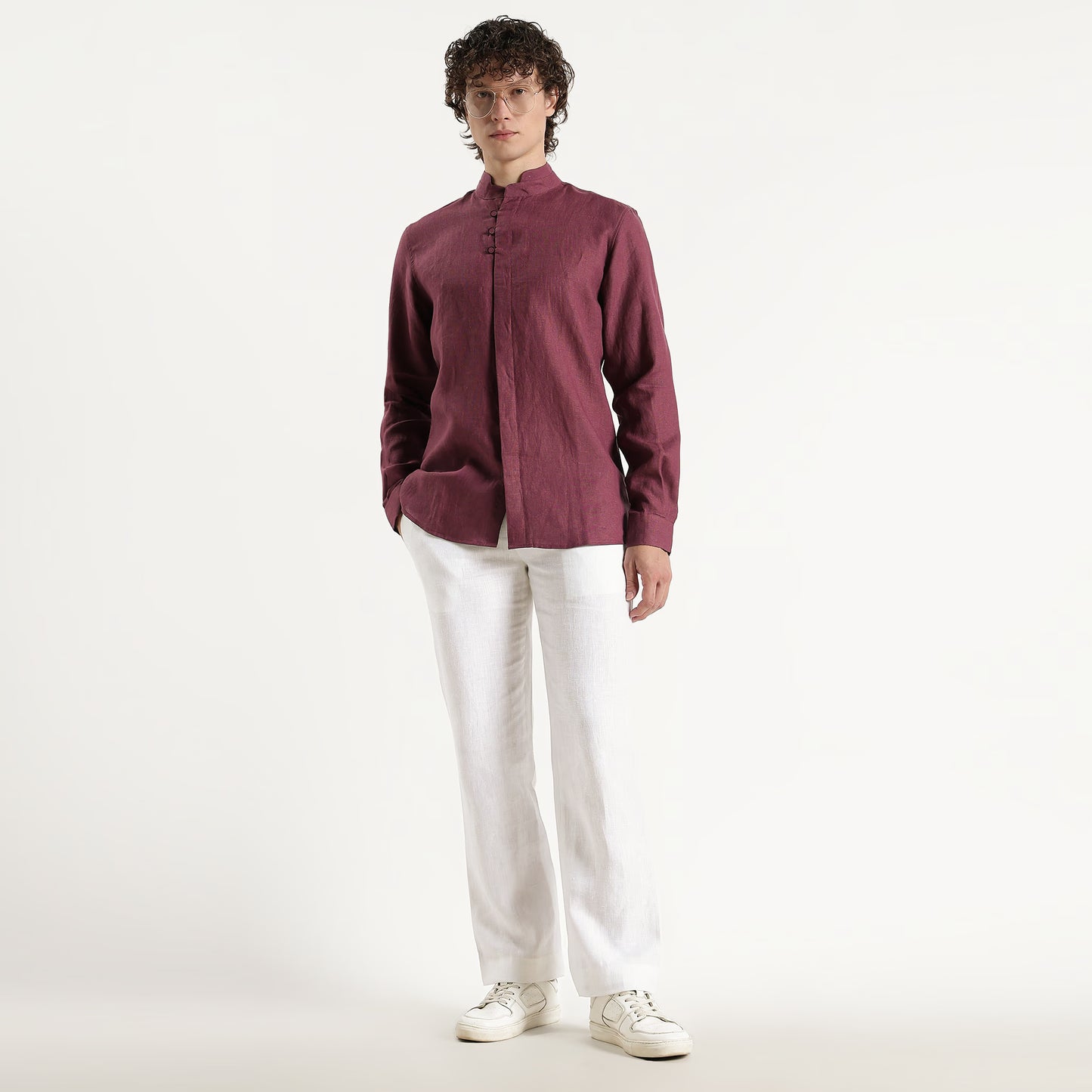 Vino – Premium High Collar Linen Shirt – Wine