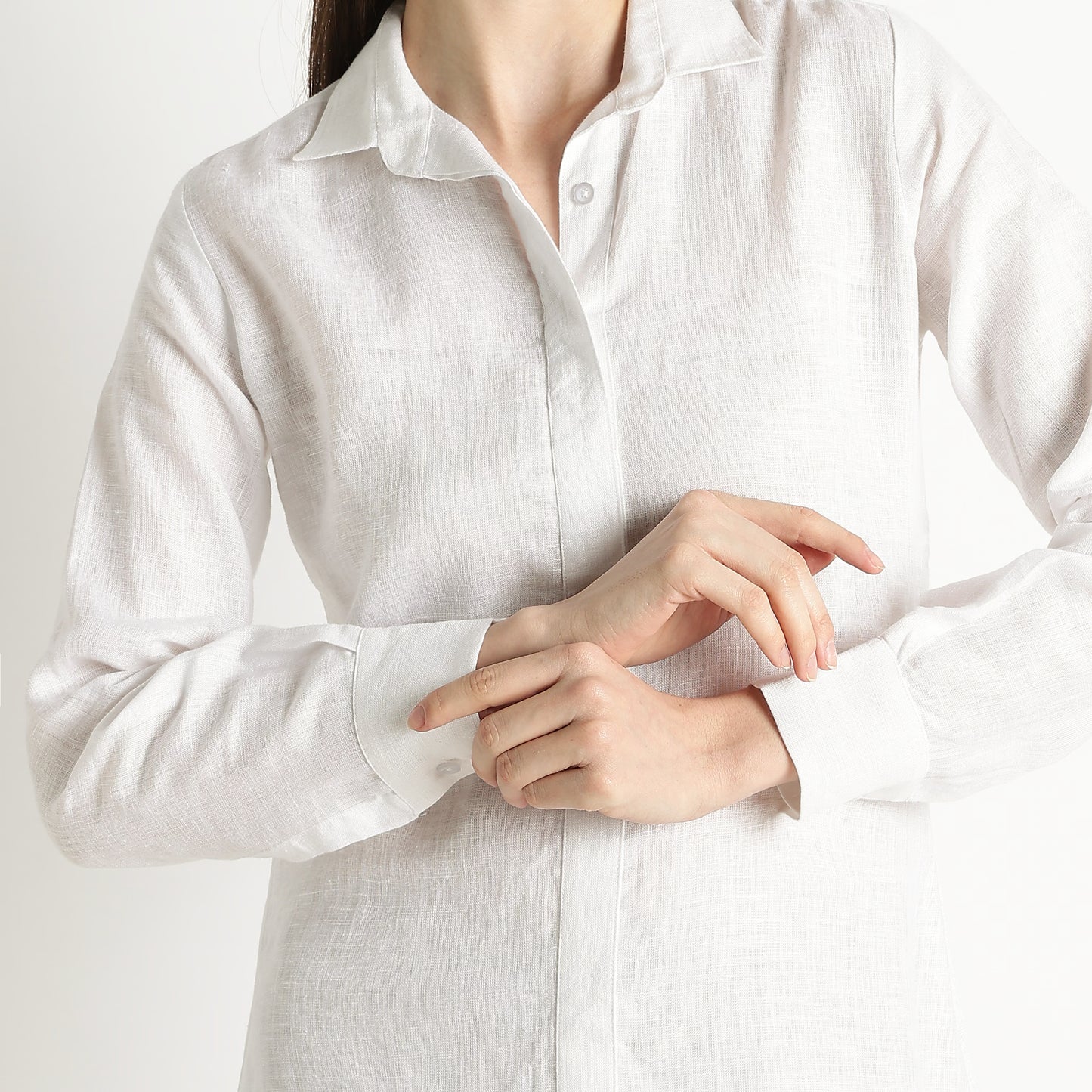 Elara – Luxury Minimal Shirt-Style 40 Lea 100% Pure Linen Dress – Blanc