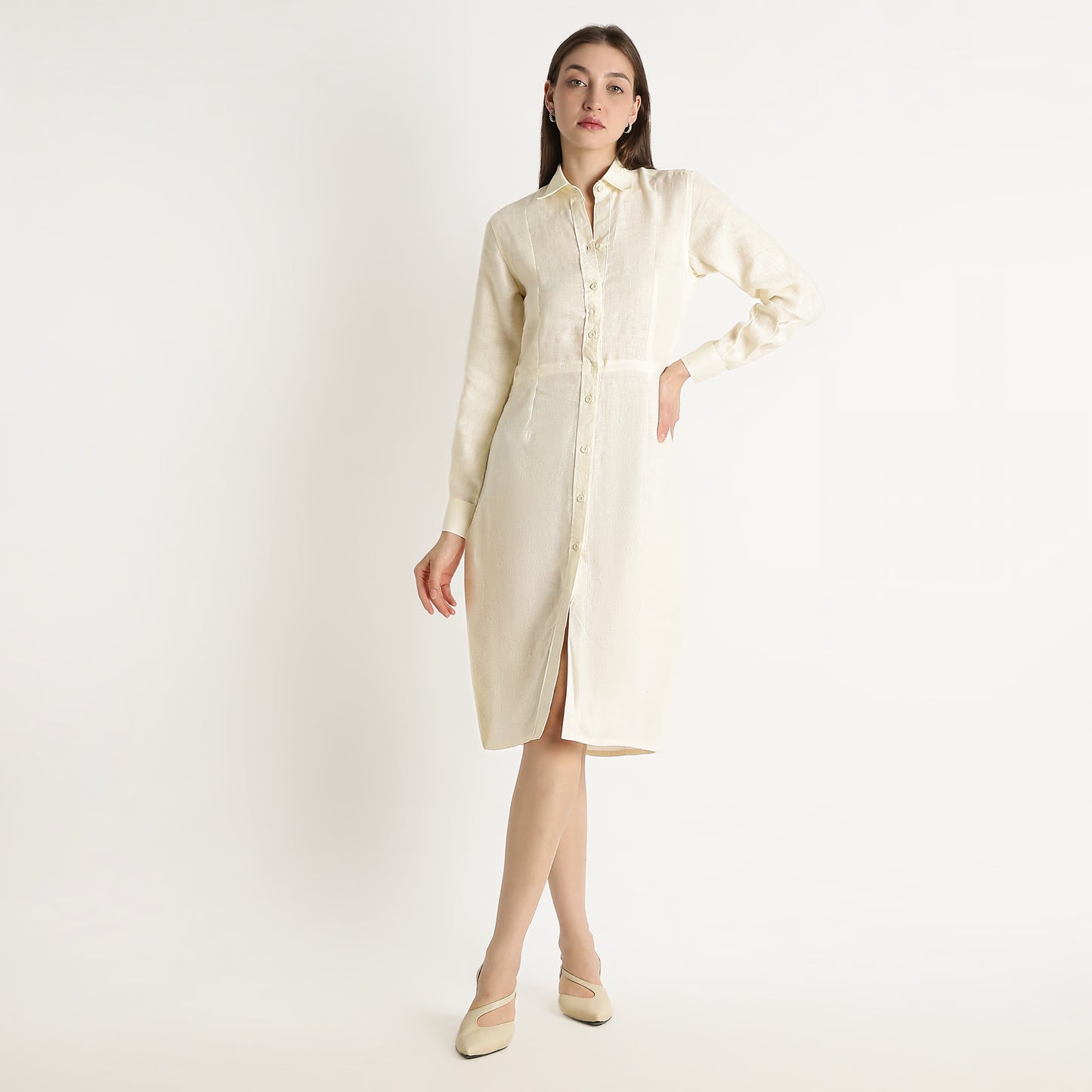 Aurelia – Premium Sculpted Hourglass Linen Shirt Dress – Ivory