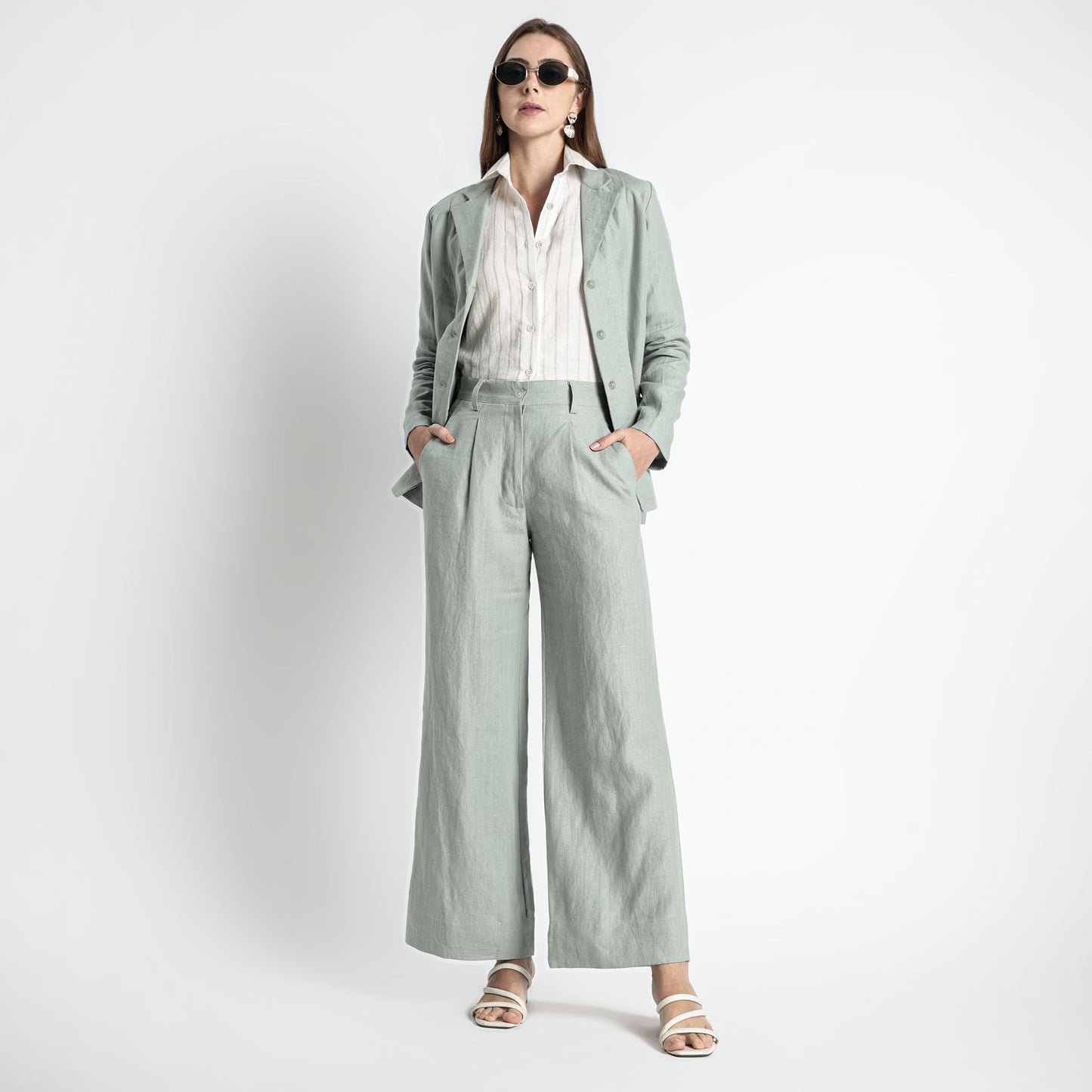 Summit – Pleated Wide-Leg Linen Trousers – Olive