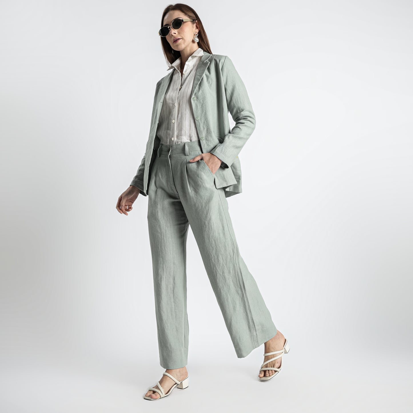 Summit – Pleated Wide-Leg Linen Trousers – Olive