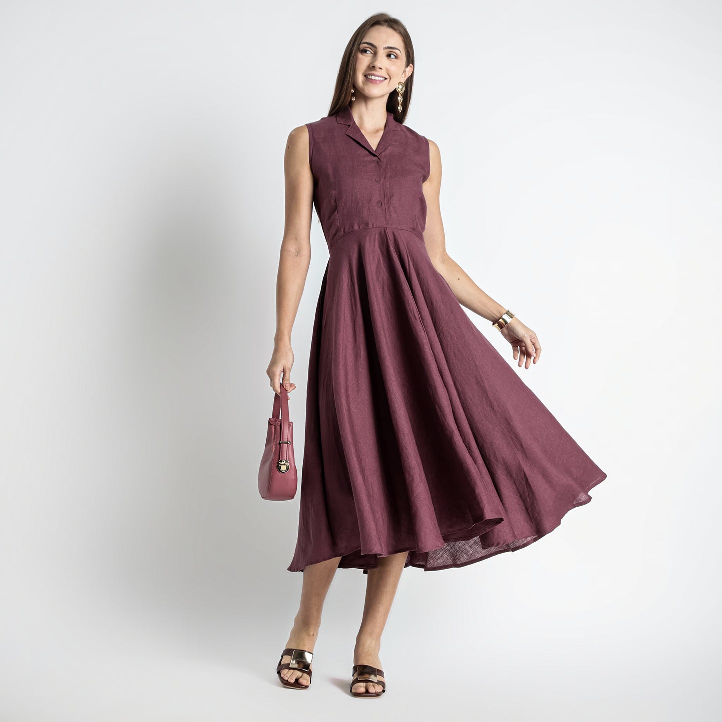 Helix – Premium Sleeveless Shirt Linen Dress – Wine