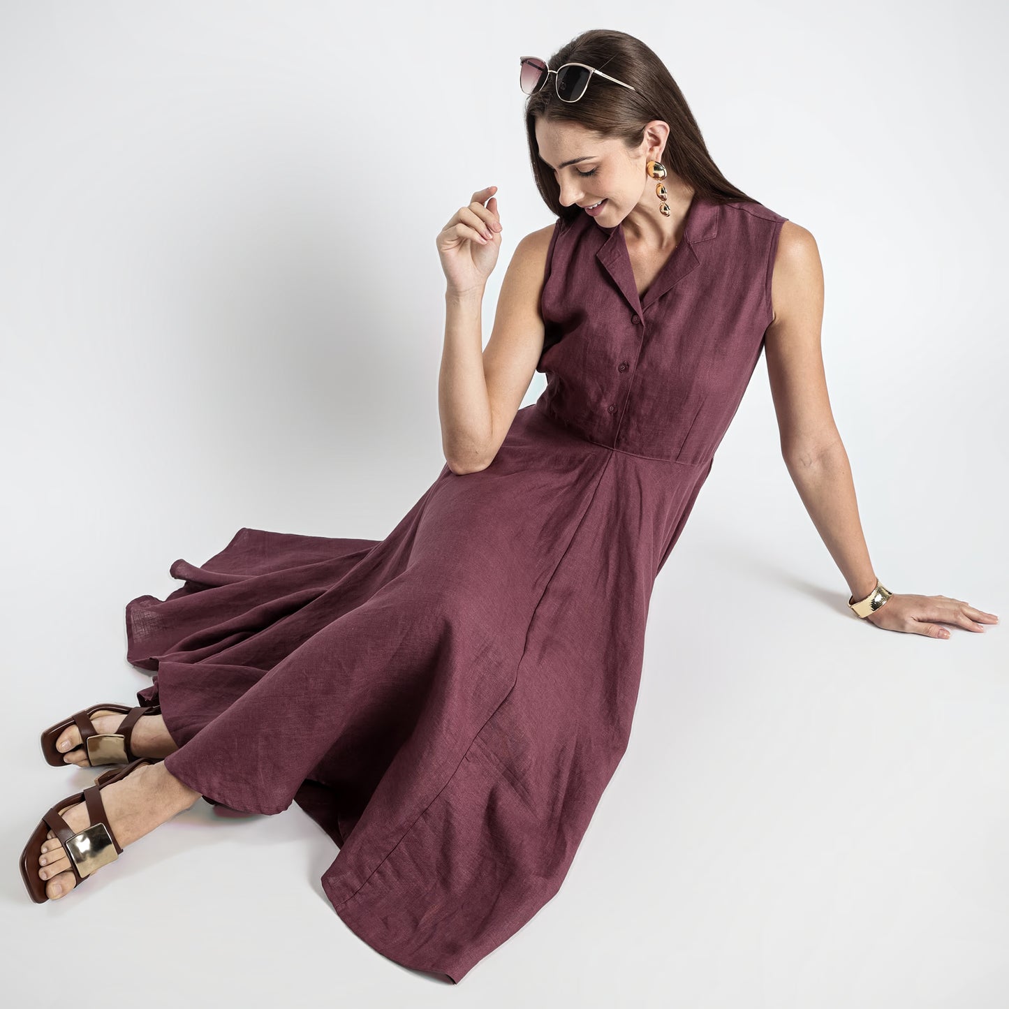 Helix – Premium Sleeveless Shirt Linen Dress – Wine