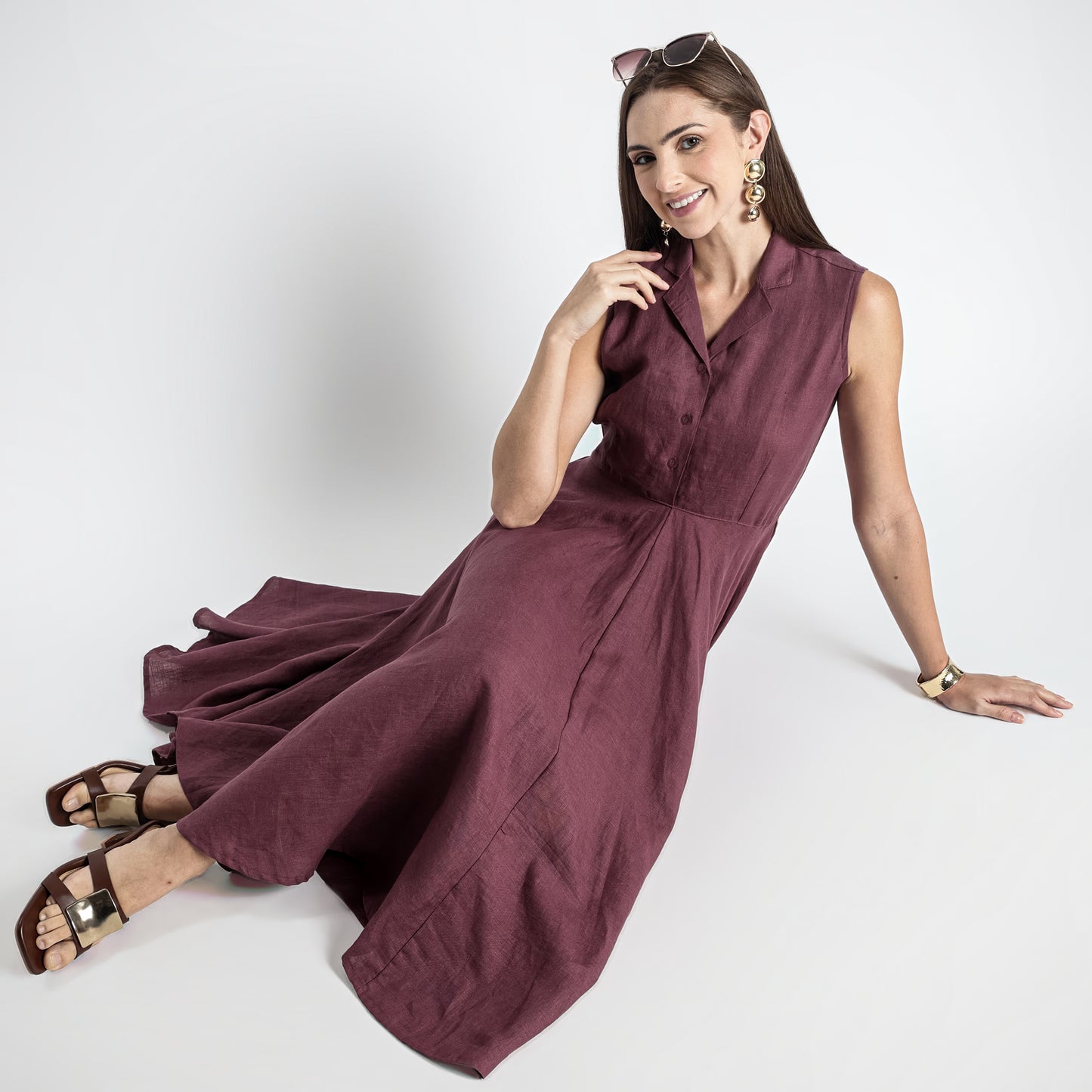 Helix – Premium Sleeveless Shirt Linen Dress – Wine