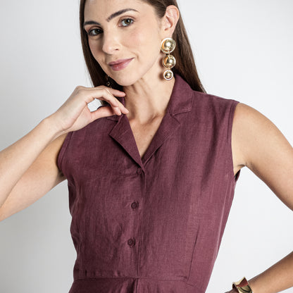Helix – Premium Sleeveless Shirt Linen Dress – Wine