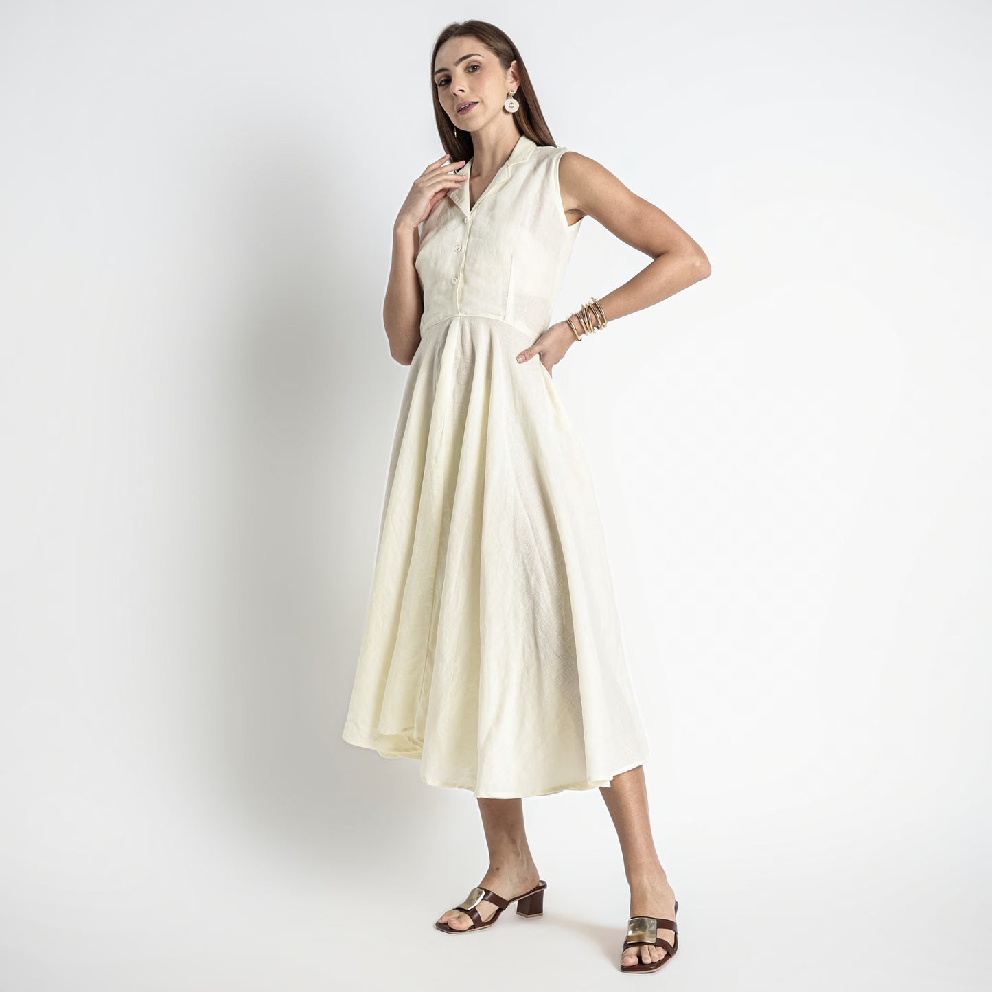 Helix – Premium Sleeveless Shirt Linen Dress – Butter