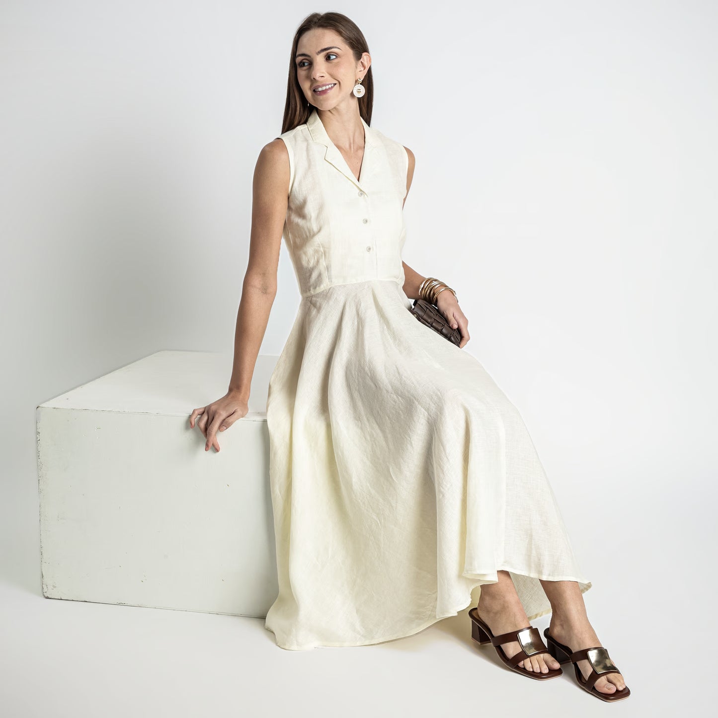 Helix – Premium Sleeveless Shirt Linen Dress – Butter