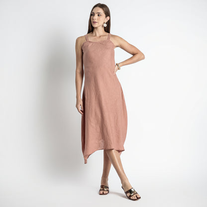 Lyra – Premium Asymmetrical Strap Linen Dress – Clay