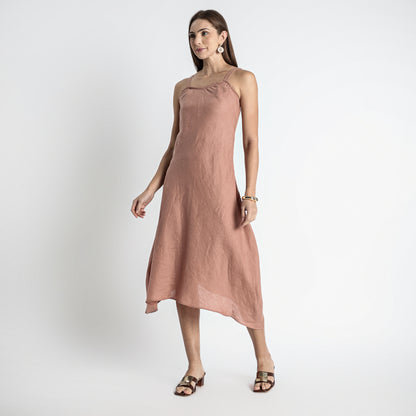 Lyra – Premium Asymmetrical Strap Linen Dress – Clay