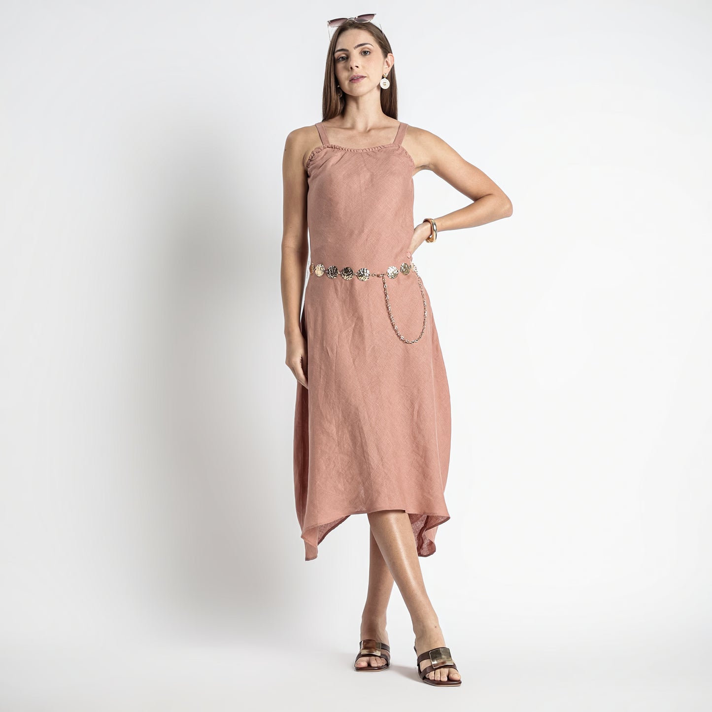 Lyra – Premium Asymmetrical Strap Linen Dress – Clay