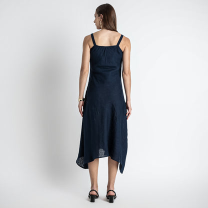 Lyra – Premium Asymmetrical Strap Linen Dress – Indigo