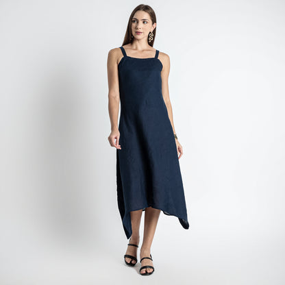 Lyra – Premium Asymmetrical Strap Linen Dress – Indigo