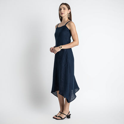 Lyra – Premium Asymmetrical Strap Linen Dress – Indigo