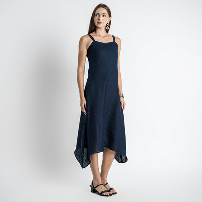 Lyra – Premium Asymmetrical Strap Linen Dress – Indigo