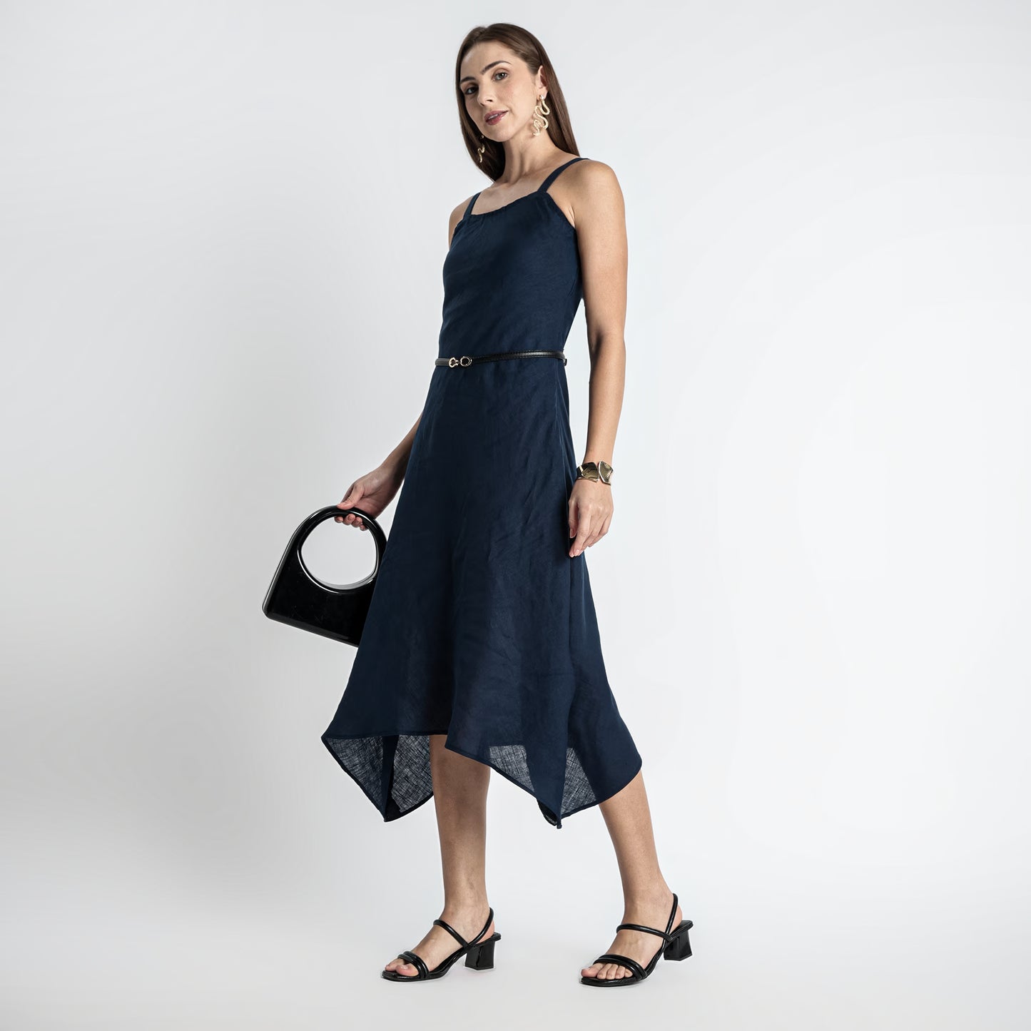 Lyra – Premium Asymmetrical Strap Linen Dress – Indigo