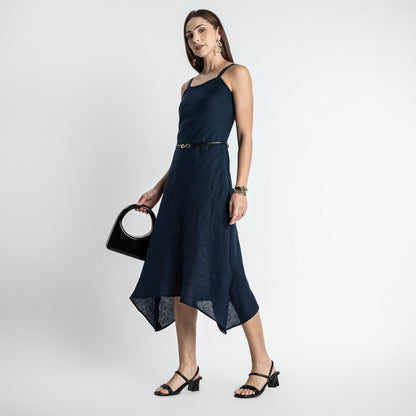 Lyra – Premium Asymmetrical Strap Linen Dress – Indigo
