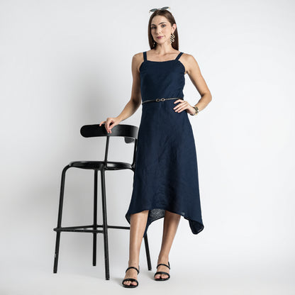 Lyra – Premium Asymmetrical Strap Linen Dress – Indigo