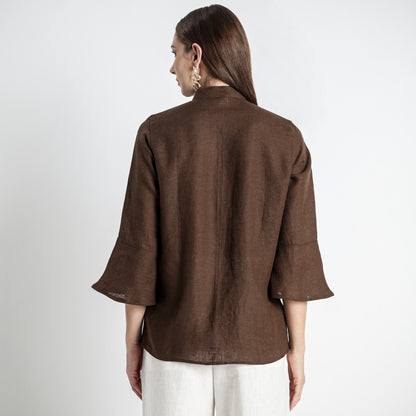 Rowan – Flounce Sleeve Linen Blouse – Sepia