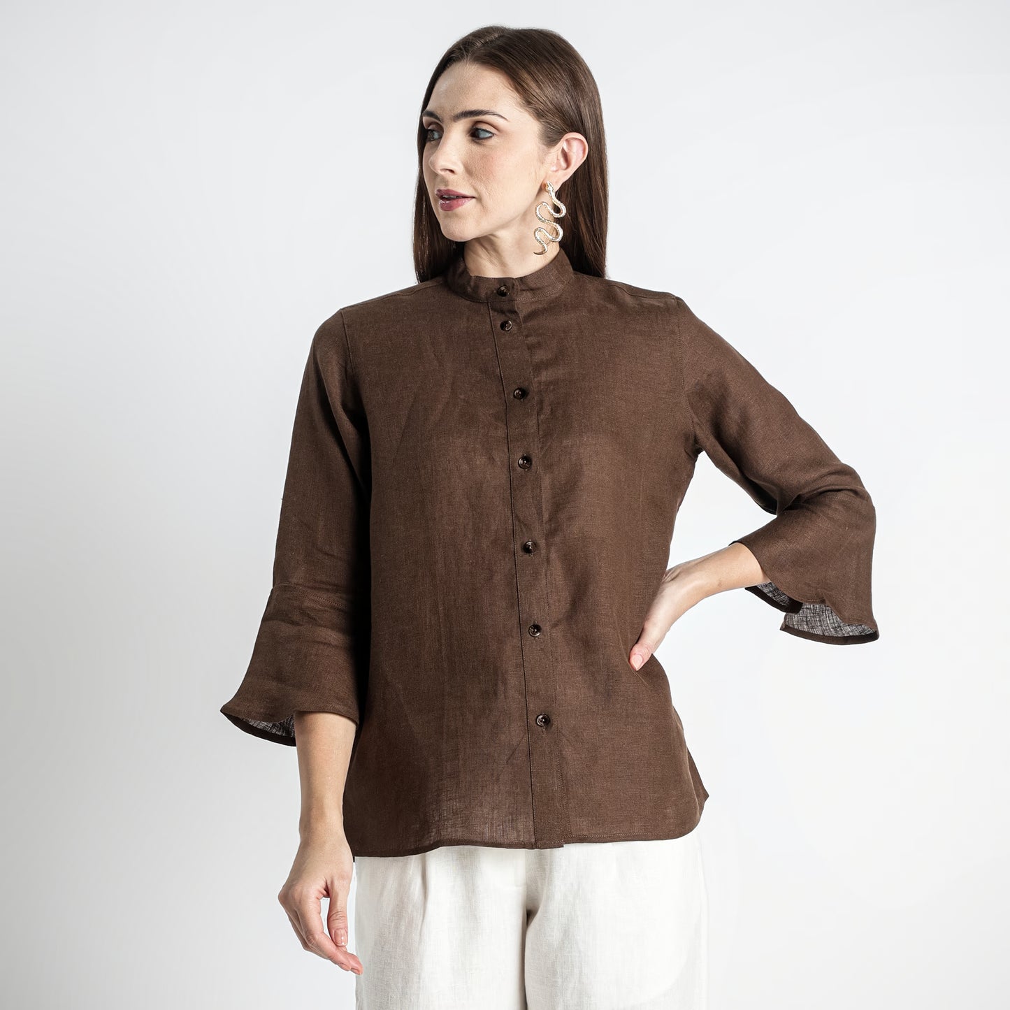 Rowan – Flounce Sleeve Linen Blouse – Sepia
