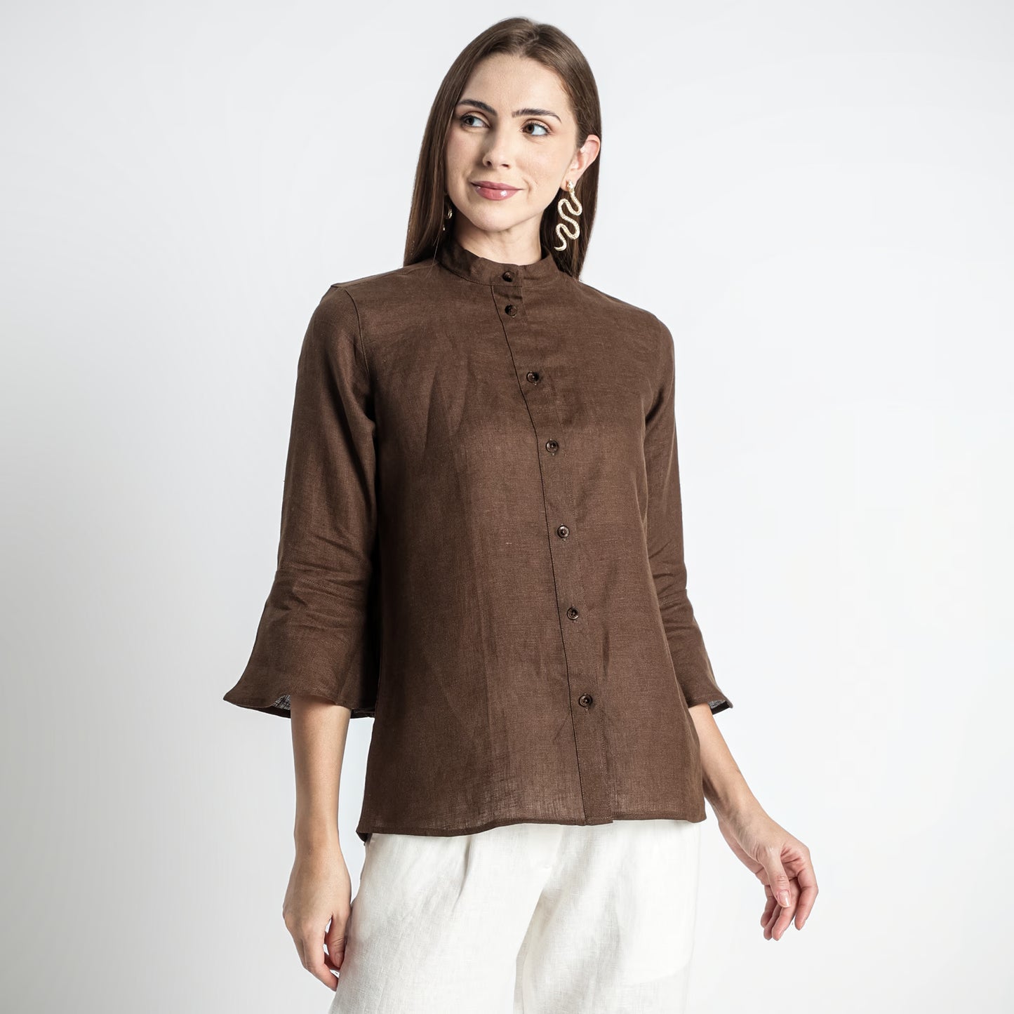 Rowan – Flounce Sleeve Linen Blouse – Sepia