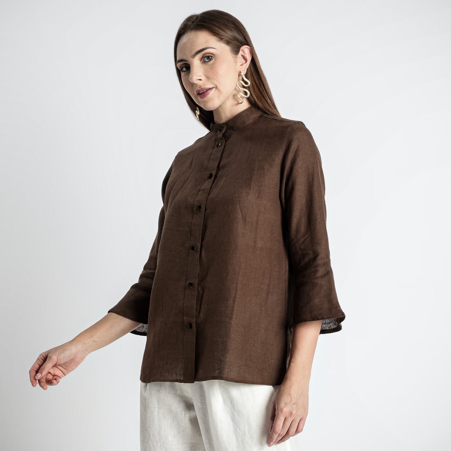 Rowan – Flounce Sleeve Linen Blouse – Sepia