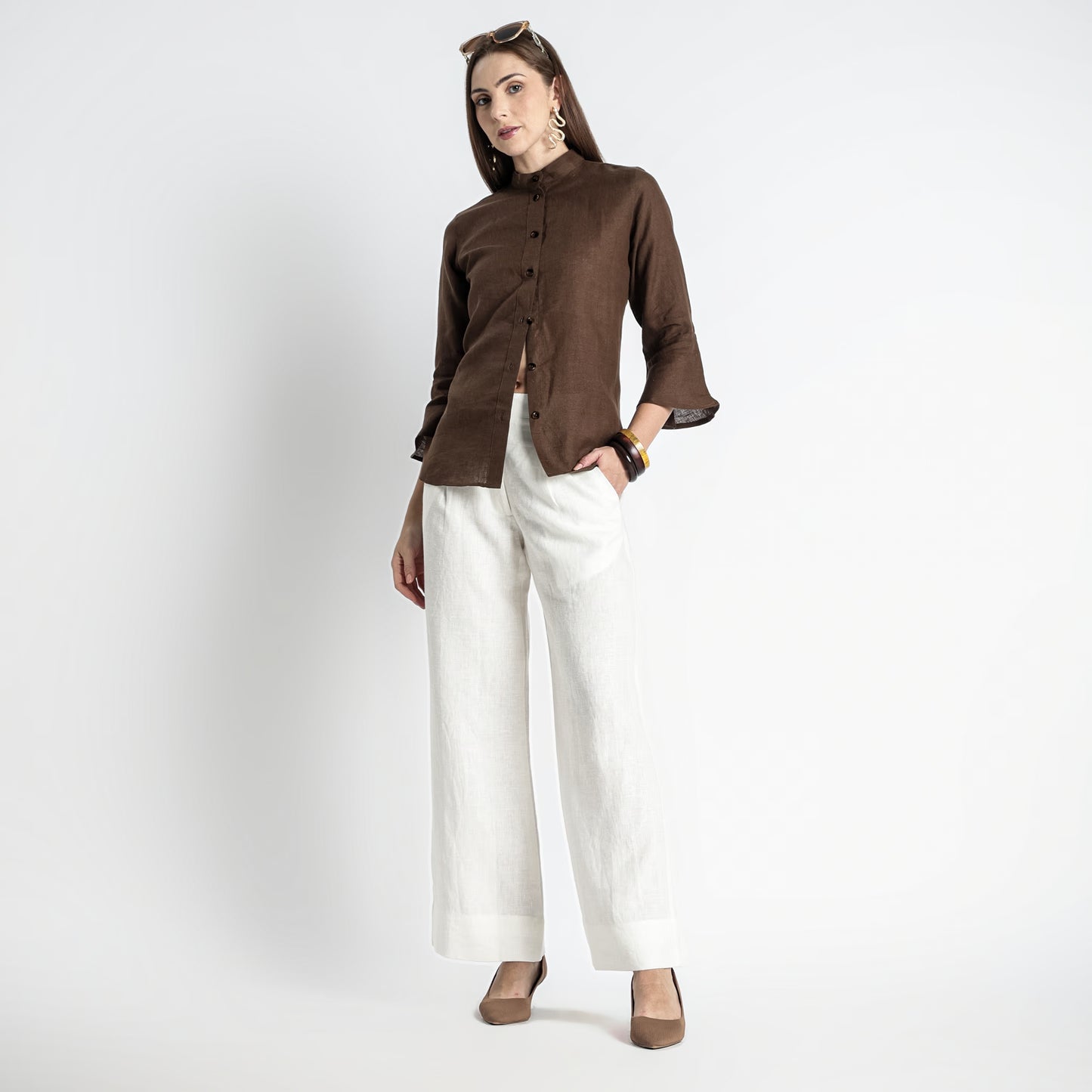Rowan – Flounce Sleeve Linen Blouse – Sepia