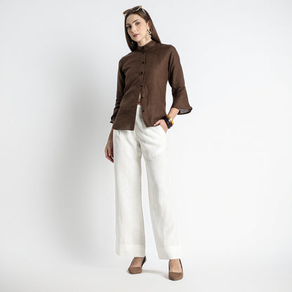Rowan – Flounce Sleeve Linen Blouse – Sepia