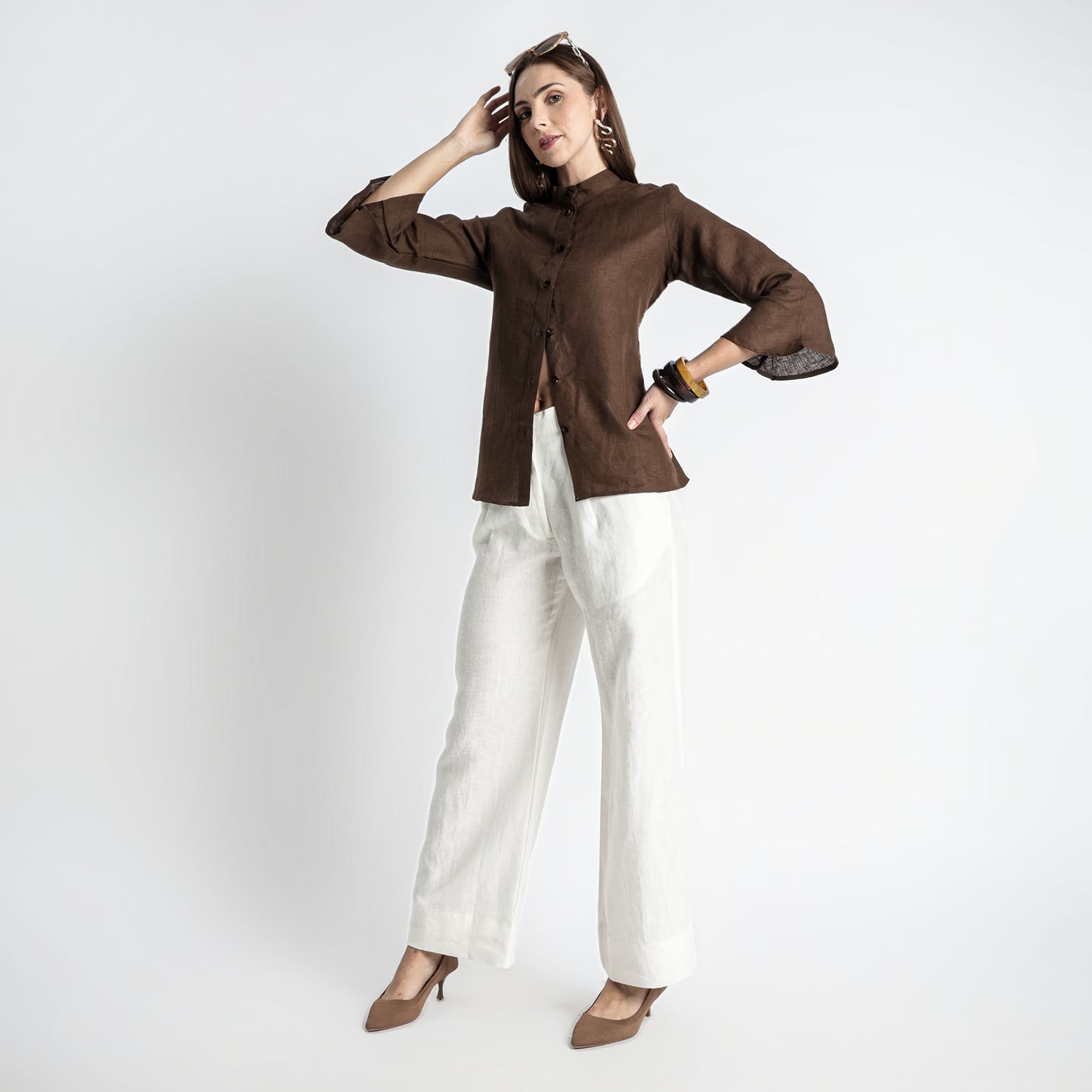 Rowan – Flounce Sleeve Linen Blouse – Sepia