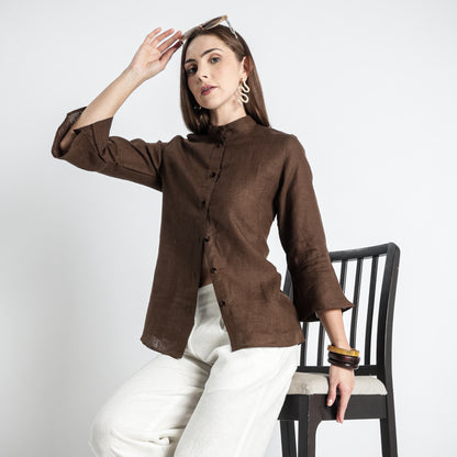 Rowan – Flounce Sleeve Linen Blouse – Sepia