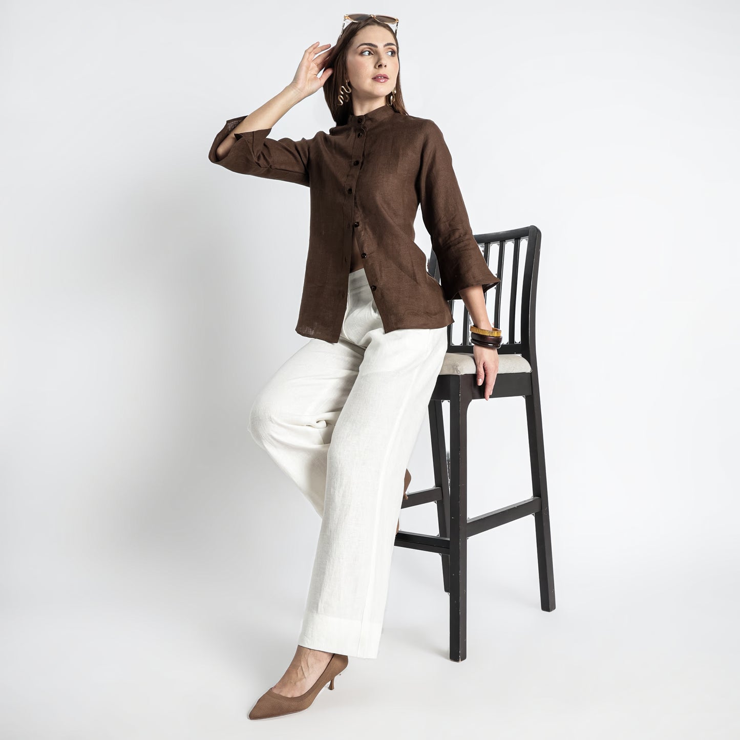 Rowan – Flounce Sleeve Linen Blouse – Sepia
