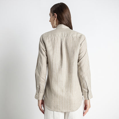 Ais – French Double Cuff Linen Shirt – Blanc Sand Stripes