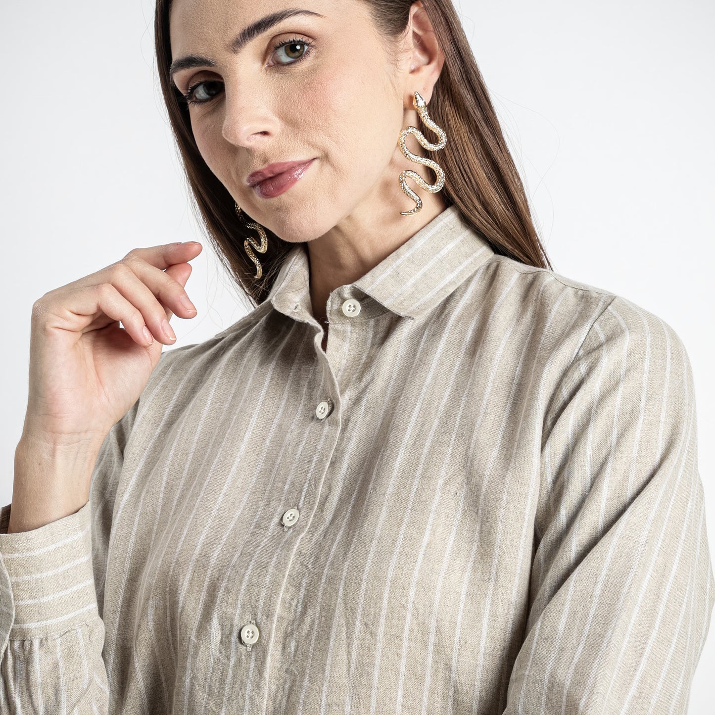 Ais – French Double Cuff Linen Shirt – Blanc Sand Stripes