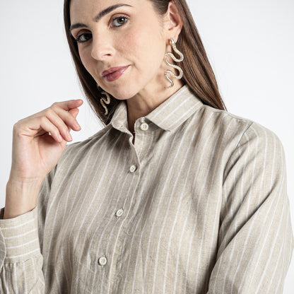 Ais – French Double Cuff Linen Shirt – Blanc Sand Stripes