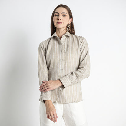 Ais – French Double Cuff Linen Shirt – Blanc Sand Stripes