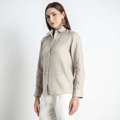 Ais – French Double Cuff Linen Shirt – Blanc Sand Stripes