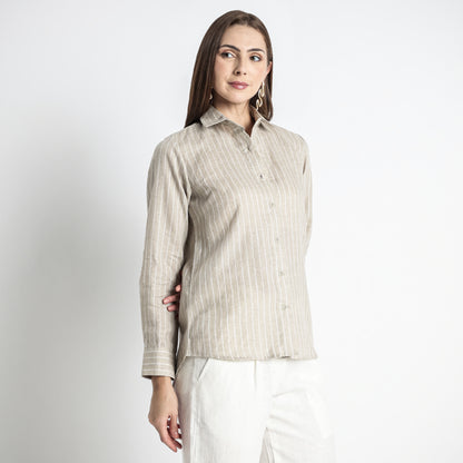 Ais – French Double Cuff Linen Shirt – Blanc Sand Stripes