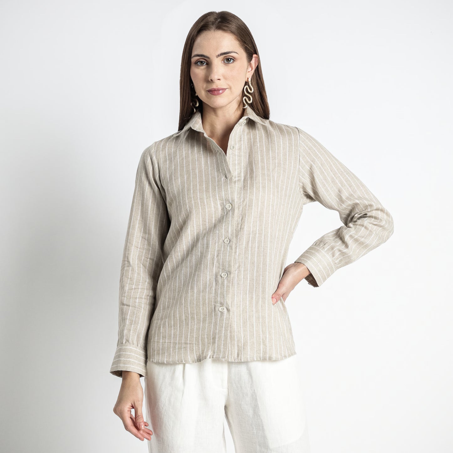 Ais – French Double Cuff Linen Shirt – Blanc Sand Stripes