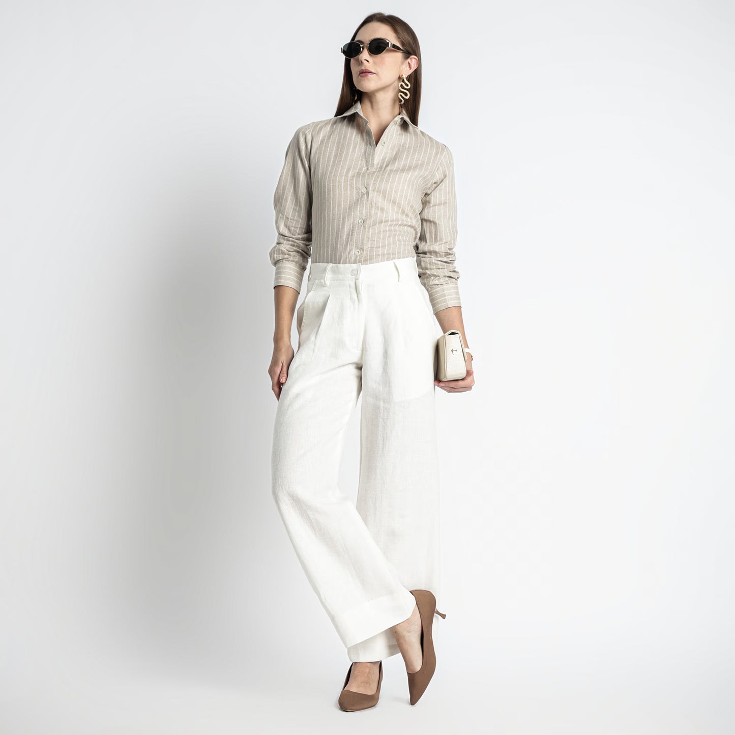 Ais – French Double Cuff Linen Shirt – Blanc Sand Stripes