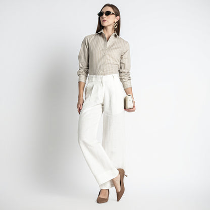 Ais – French Double Cuff Linen Shirt – Blanc Sand Stripes