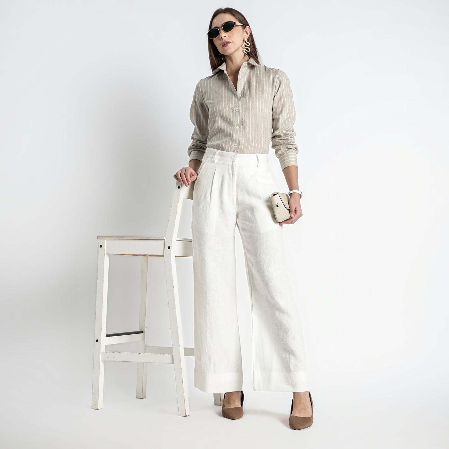 Ais – French Double Cuff Linen Shirt – Blanc Sand Stripes