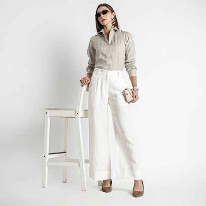 Ais – French Double Cuff Linen Shirt – Blanc Sand Stripes