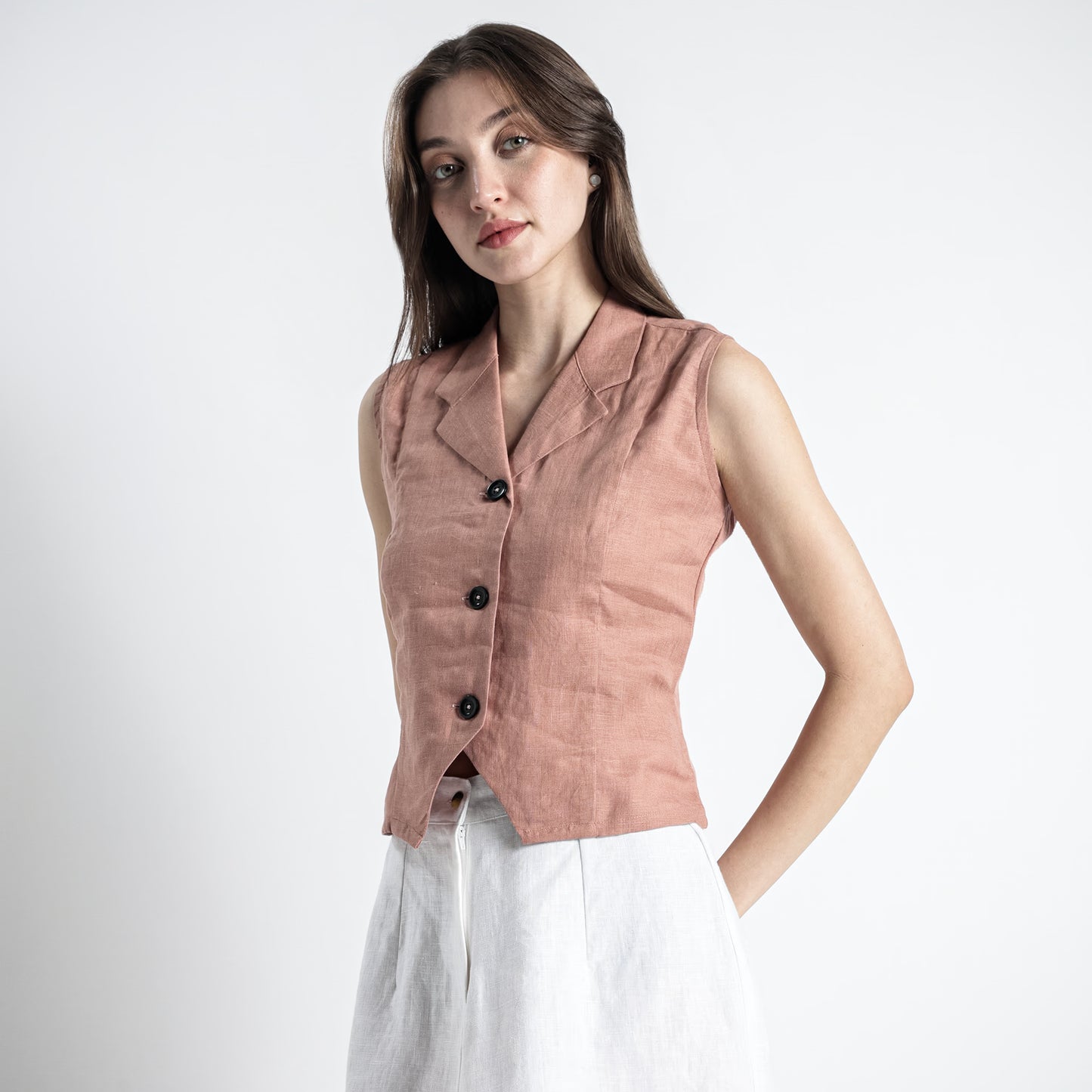 Laura – Tailored Notch Lapel Linen Vest Top – Clay