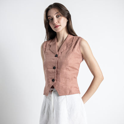 Laura – Tailored Notch Lapel Linen Vest Top – Clay
